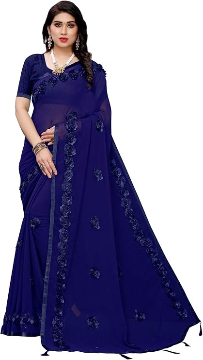 Amazon Peegli Saree インドの青い花のサリー女性のジョーゼット伝統的なサリー6ヤード シャツ ブラウス 通販
