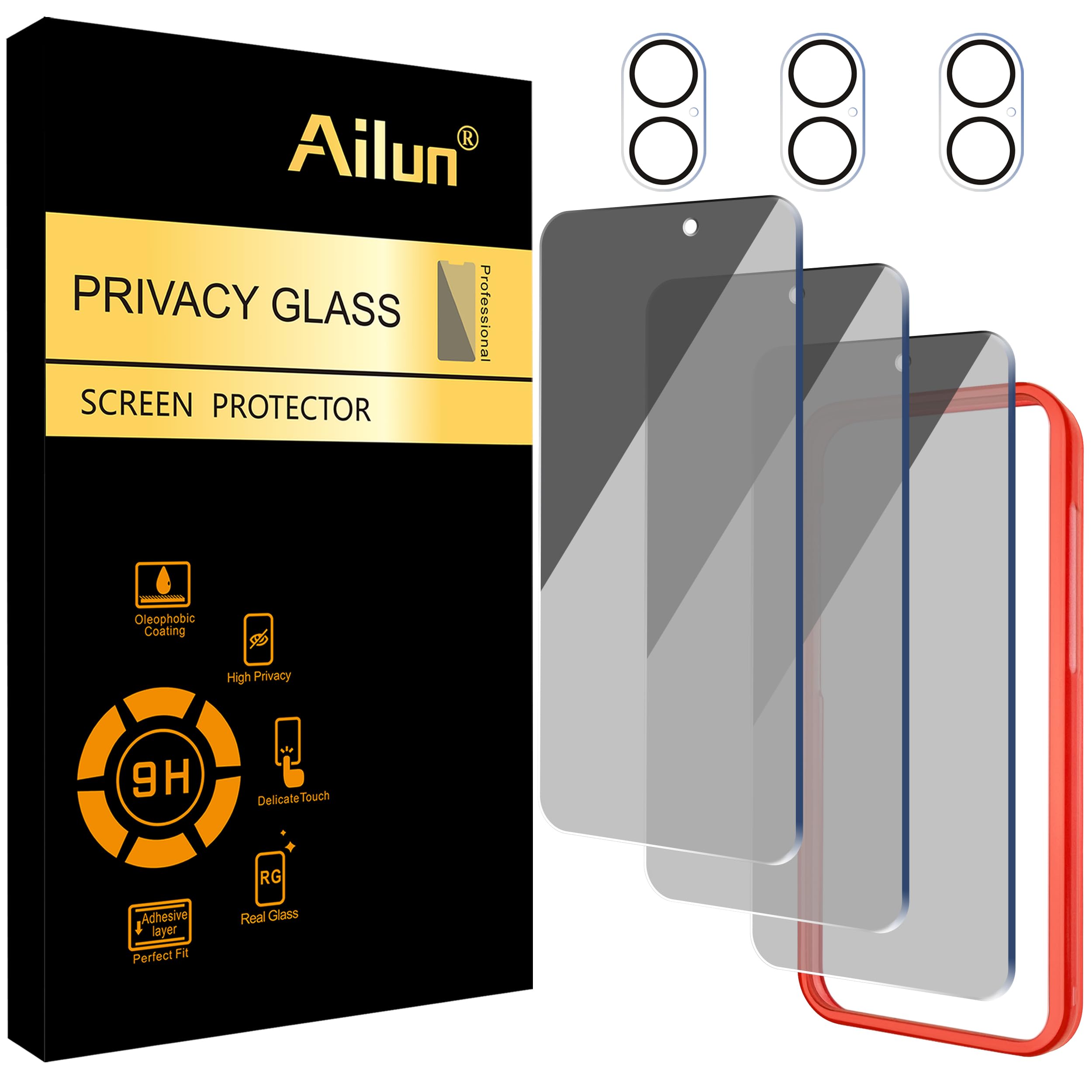 Photo 1 of Ailun 3 Pack Privacy Screen Protector for iPhone 16 [6.1 inch] + 3 Pack Camera Lens Protector, Anti Spy Private Tempered Glass Film, Case Friendly, [9H Hardness][Not for iPhone 16e/16Pro/Plus/ProMax]