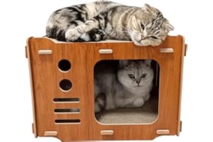 Miwoowim TV Wooden Cat Scratcher House Cardboard with 2 PCS Cat Scratch Pads 2 Story Cute Cat House with Scratcher Cat Scratchers Lounge Bed for Indoor Cats Play Cat Box cat Scratching House