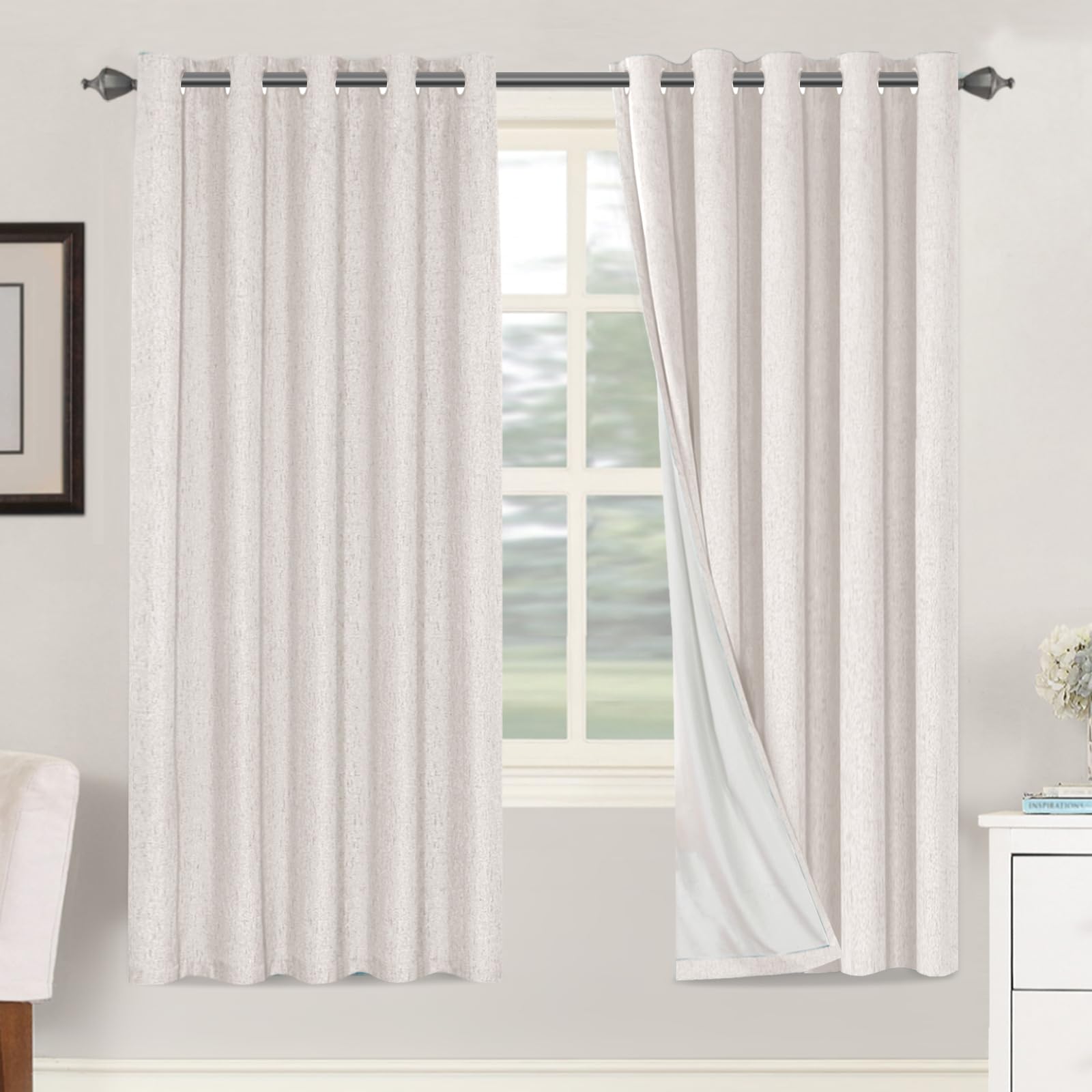 BellaHills 100% Blackout Curtains Linen Textured Blackout Curtains for Bedroom Full Light Blocking Thermal Insulated Curtain Panels Energy Saving with White Liner, 2 Panels, 66 x 72 Inch, Ivory