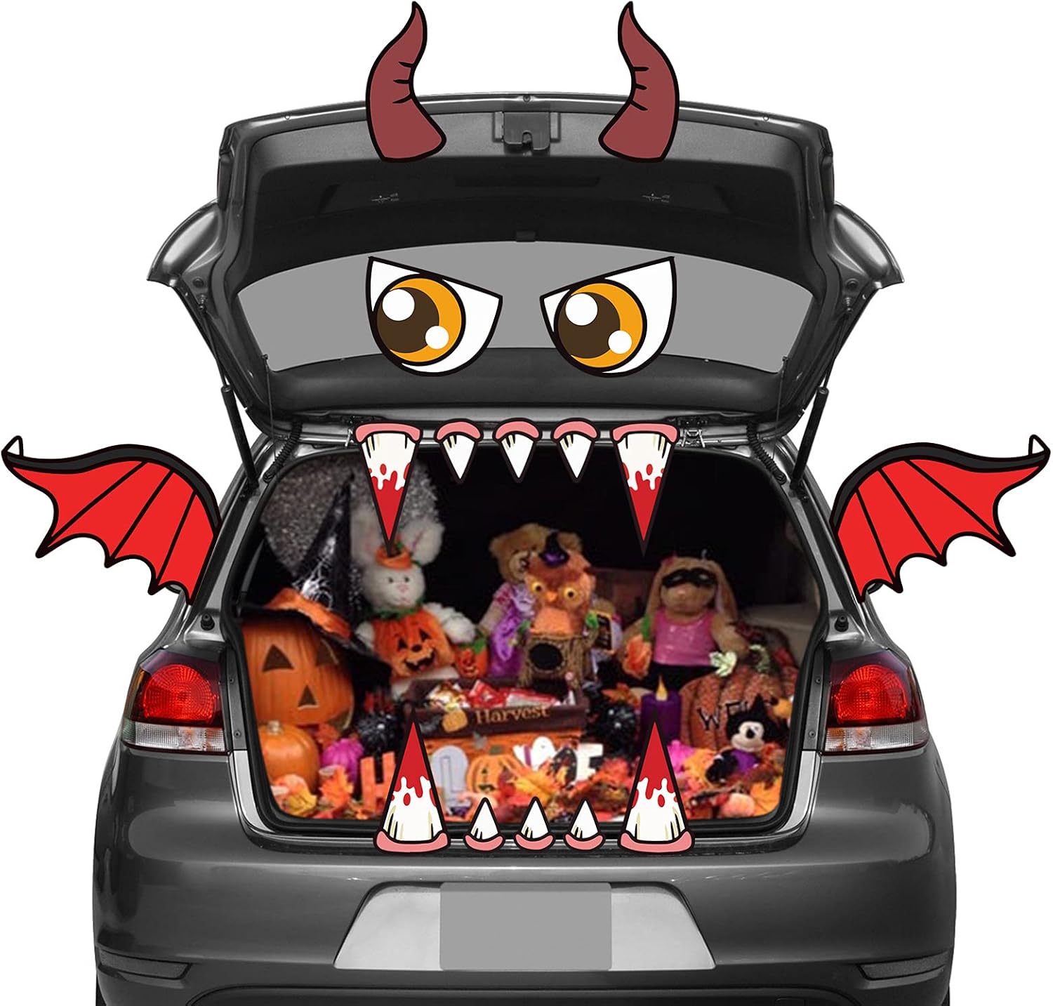 Garage Door Decorations - Halloween Monster Face Trunk or Treat Car Decorations, Archway Garage Decoration with with Eyes, Fangs, Ears, Wings Stickers for Halloween Car Decoration