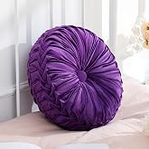 Drydiet 1 Pcs Round Throw Velvet Pillow Decorative (Purple, 15'') | Home Decorative Pleated Throw Pillows Accent Pumpkin with Center Button Boho Chair Cushion for Couch Sofa Home Decoration
