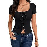 LYANER Women's Tie Front Button Scoop Neck Short Sleeve Going Out Crop Tops Slim Fit T Shirt