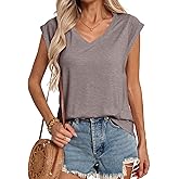 YEXIPO Womens Tops Cap Sleeve T Shirts 2025 Summer Casual Loose Fit V Neck Shirts Cute Trendy Beach Vacation Clothes