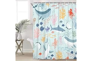 Lacoiime Shark Shower Curtain, Blue Boho Ocean Fish Shower Curtain Abstract Underwater Animal Cartoon Bathroom Curtain with Colorful Fabric Shower Curtains for Kids Bathtub Decor (70X75IN)