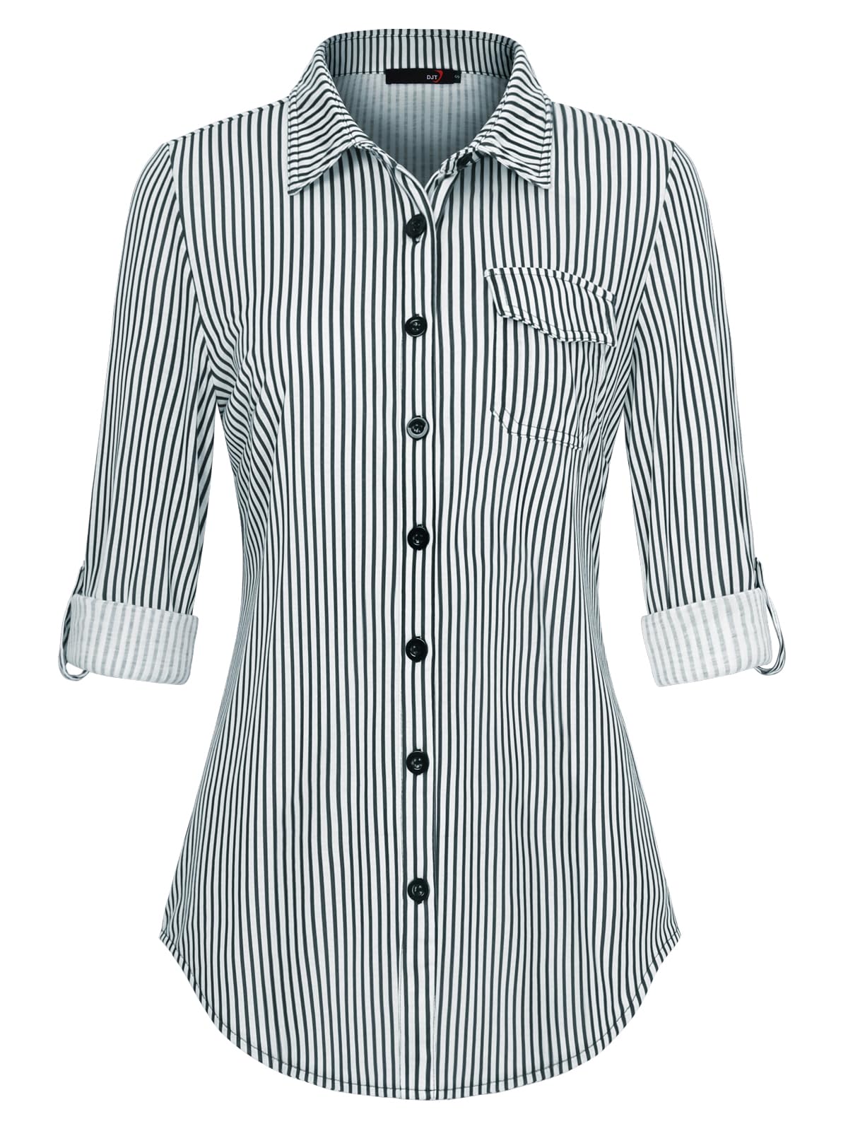 DJT Womens Button Down Shirts Fall Tops Soft Knitted Stretchy Roll Up Long Sleeve Dressy Casual Shirt Work Blouse Top XX-Large Dark Grey Stripes Image