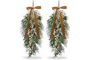Daifunli 2 Pcs Christmas Teardrop Swag 30'' Mistletoe Artificial Christmas Mailbox Swag Decorative Pine Cedar Holly Berry Hanging Wreath for Cabinet Door Wall Outdoor Holiday Decor (Classic,White)