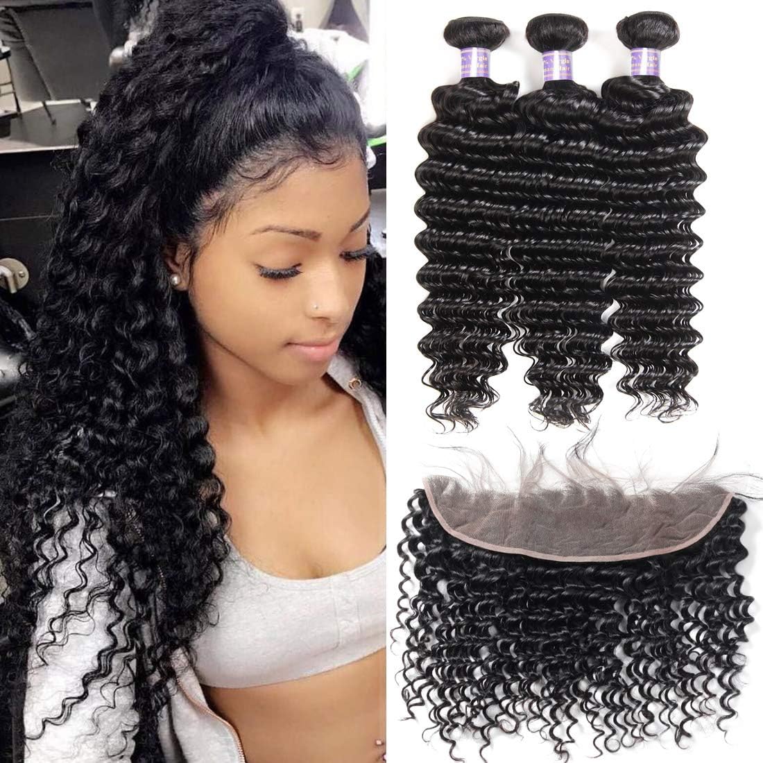 Allove Hair 8a Brazilian Deep Wave Bundles With Frontal (18 20 22+16) Unprocessed Virgin Human Hair Weave Wet and Wavy Bundles with Ear to Ear Frontal Lace Closure with Baby Hair