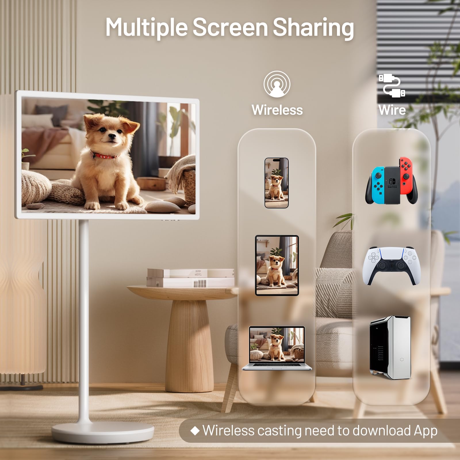 32-Inch Portable TV with Touch Screen | 6GB RAM + 128GB Storage | 1080P Full HD Portable Monitor with Built-in 8-Hour Battery | Android 13 OS | Rolling TV on Wheels | Remote Control