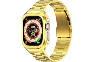 AMZNEW HASLFM Stainless Steel Band with Case Compatible with Apple Watch Ultra 3 2 1(49mm), Metal Protective Bumper Cover for iWatch Bands Men,Gold