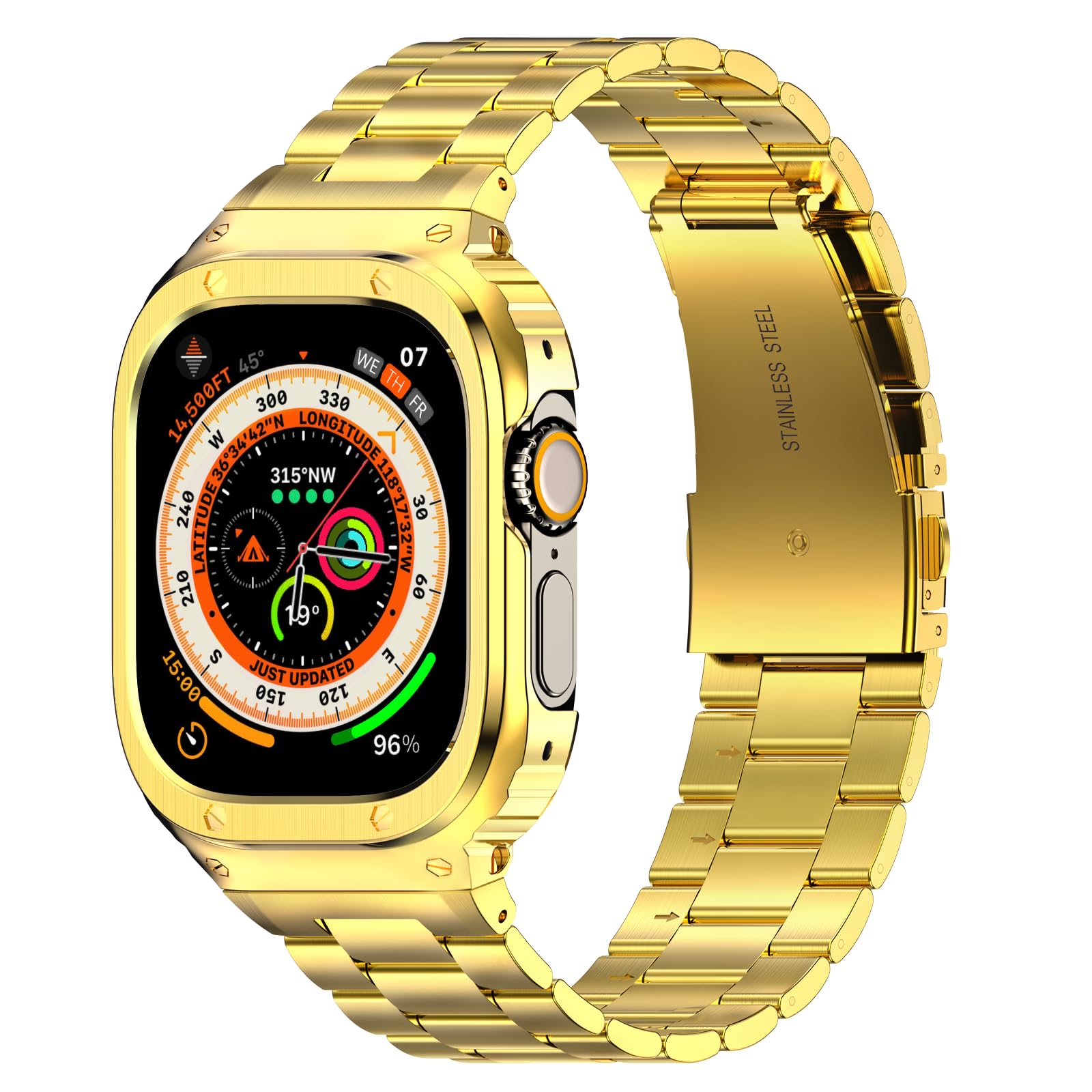HASLFM Stainless Steel Straps with Case Compatible with Apple Watch 49mm Ultra 3/2/1, Rugged Replacement Cover Metal iWatch Bands for Men, Gold