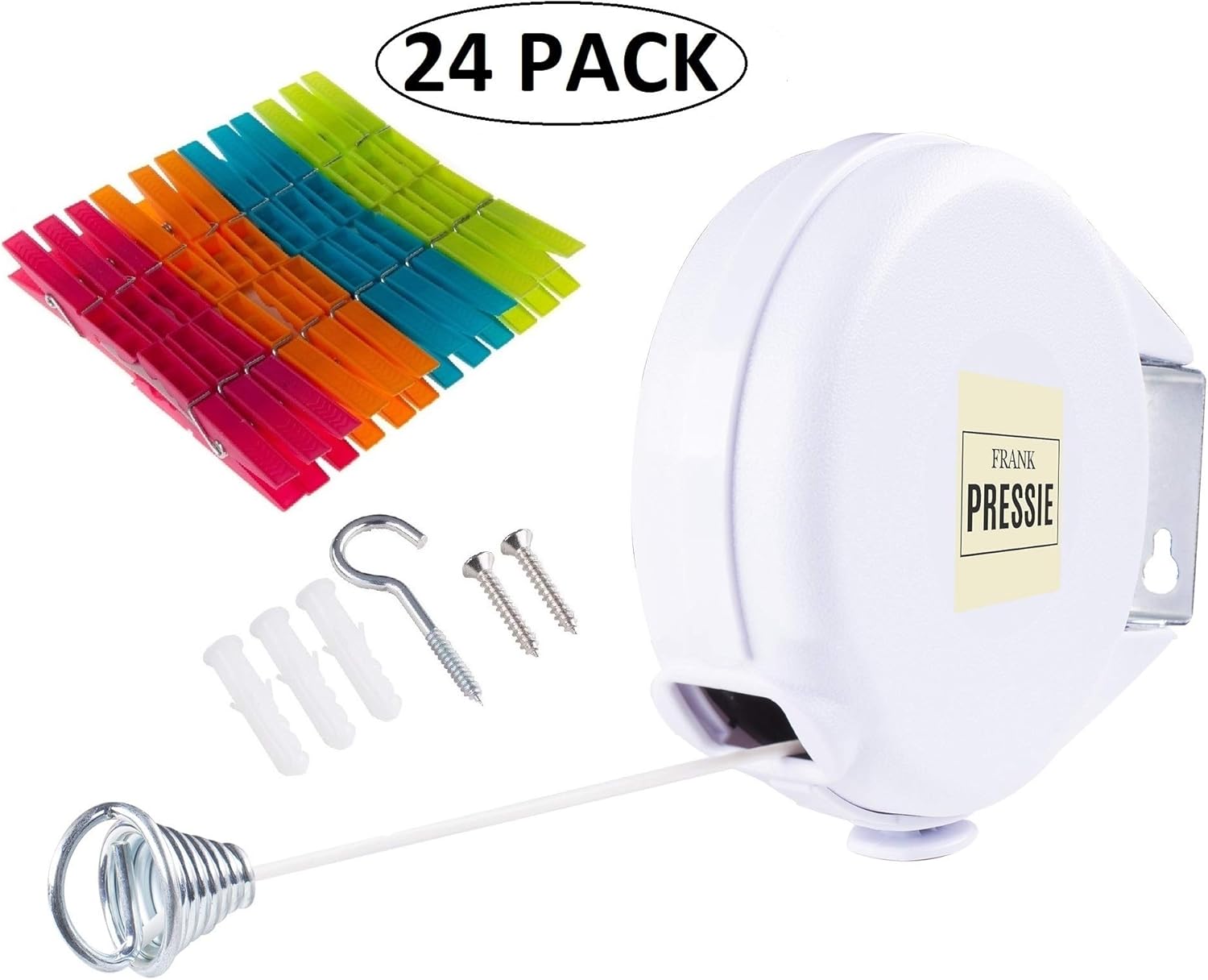 Idiomum Stendibiancheria retrattile per interni ed esterni, resistente, 12 m, in PVC, con supporto a parete, filo retrattile per asciugare i vestiti, con 12 mollette