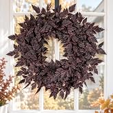 Fall Decor for Front Door-Plum Leaves Wreath, Both Halloween and Fall | 24 Inch Faux Full Autumn Harvest Wreath for Indoor Outdoor, Wall, Window, Mantel, Halloween & Thanksgiving Decor