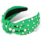 Jaciya Green Headband Pearl Knotted Headbands for Women Girls Rhinestone Wide Knotted for Women Beaded Head Band Knot Turban Hair Accessories