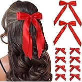 STGDAK Red Hair Bows For Girls Women Double Layer Ribbon Long Tails Elegant Bow Clips Mini Ribbon Bow Barrettes Small Bowknot Clip Valentine's Day Hair Accessories For Girls Women