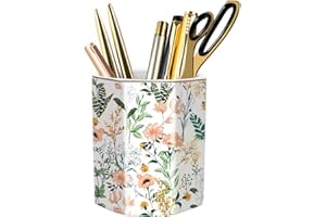 WAVEYU Cute Pen Holder for Desk, Ceramic Pencil Holder, Pen Cup Marker Holder Makeup Brush Holders, Desk Accessories & Workspace Organizers for Home, School & Office, White Flower