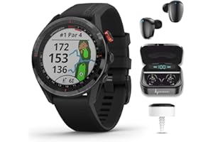 Wearable4U - Garmin Approach S62 Premium GPS Black Golf Watch with 3xCT10 and Black Earbuds with Charging Power Bank Case Bundle