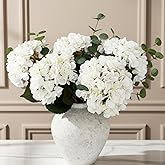 Real Touch White Faux Hydrangea And Eucalyptus Arrangement, Faux Floral Arrangements, Hyper Realistic Artificial Flowers, White Centerpieces For Kitchen Dining Coffee Table Decor, 5 Heads + Greenery