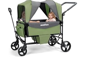 MOMFANN Stroller Wagon for 2 Kids with Canopy, Foldable All-Terrain Wagon Stroller with Adjustable Push/Pull Handle, Parent Organizer, 5-Point Harness, Ideal for Travel & Outdoor Adventures, Meadow Green