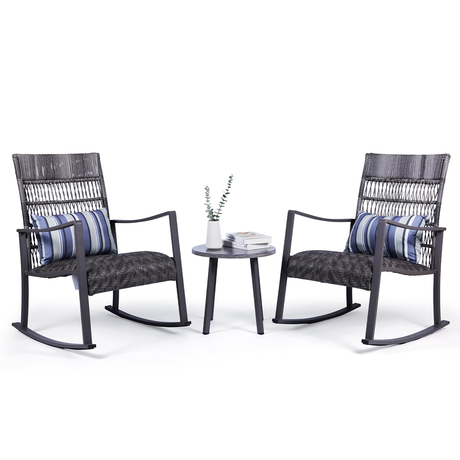 Photo 1 of *** MISSING ONE LEFT ARM***Backyard Expressions 3-Piece Wicker Patio Rocking Chair Set – Outdoor Rocker Chairs with Cushions and Faux Stone Table, All-Weather PE Rattan Porch Furniture for Deck, Balcony, or Garden