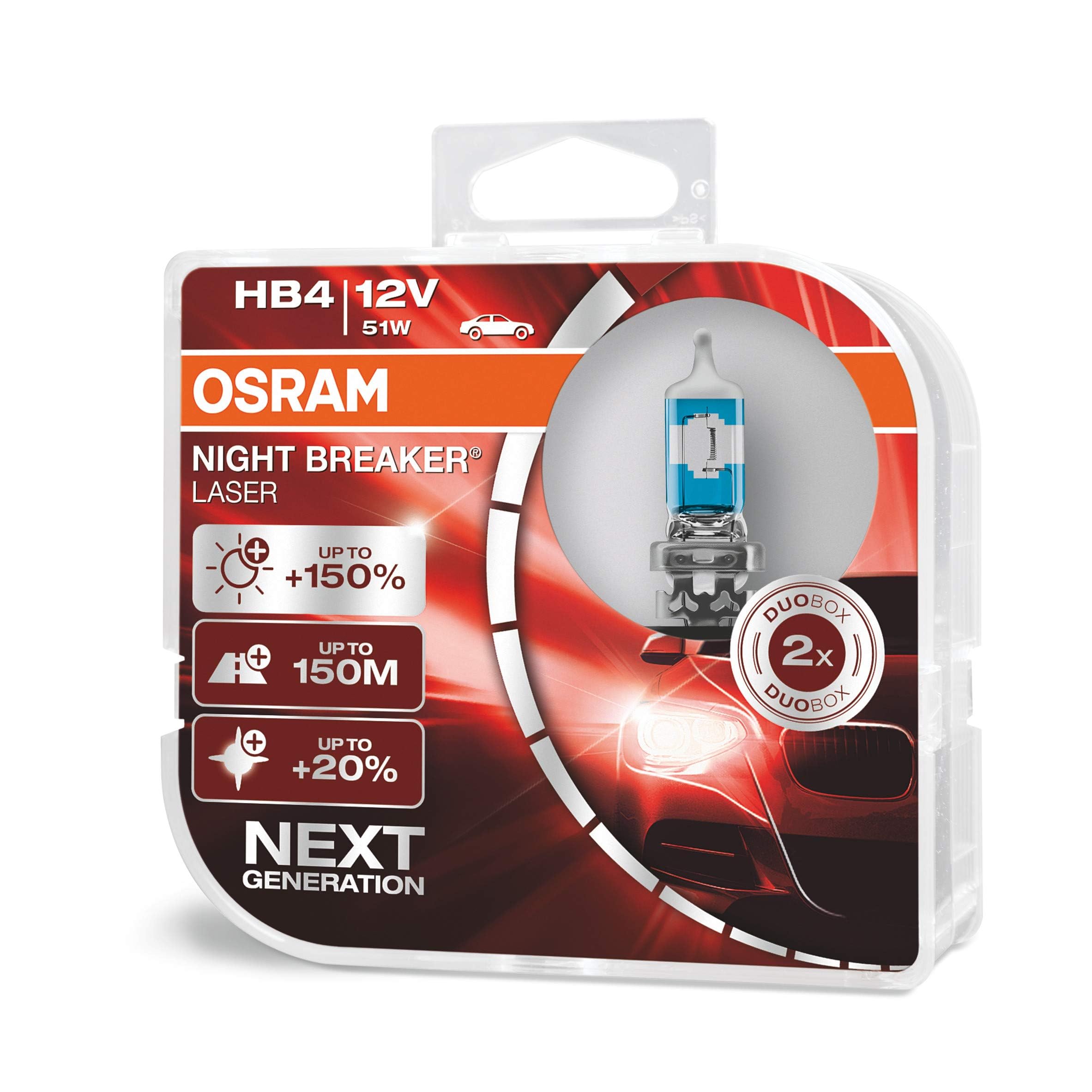 OSRAM NIGHT BREAKER LASER HB4, +150% more brightness, halogen headlight lamp, 9006NL-HCB, 12V, duo box (2 lamps)