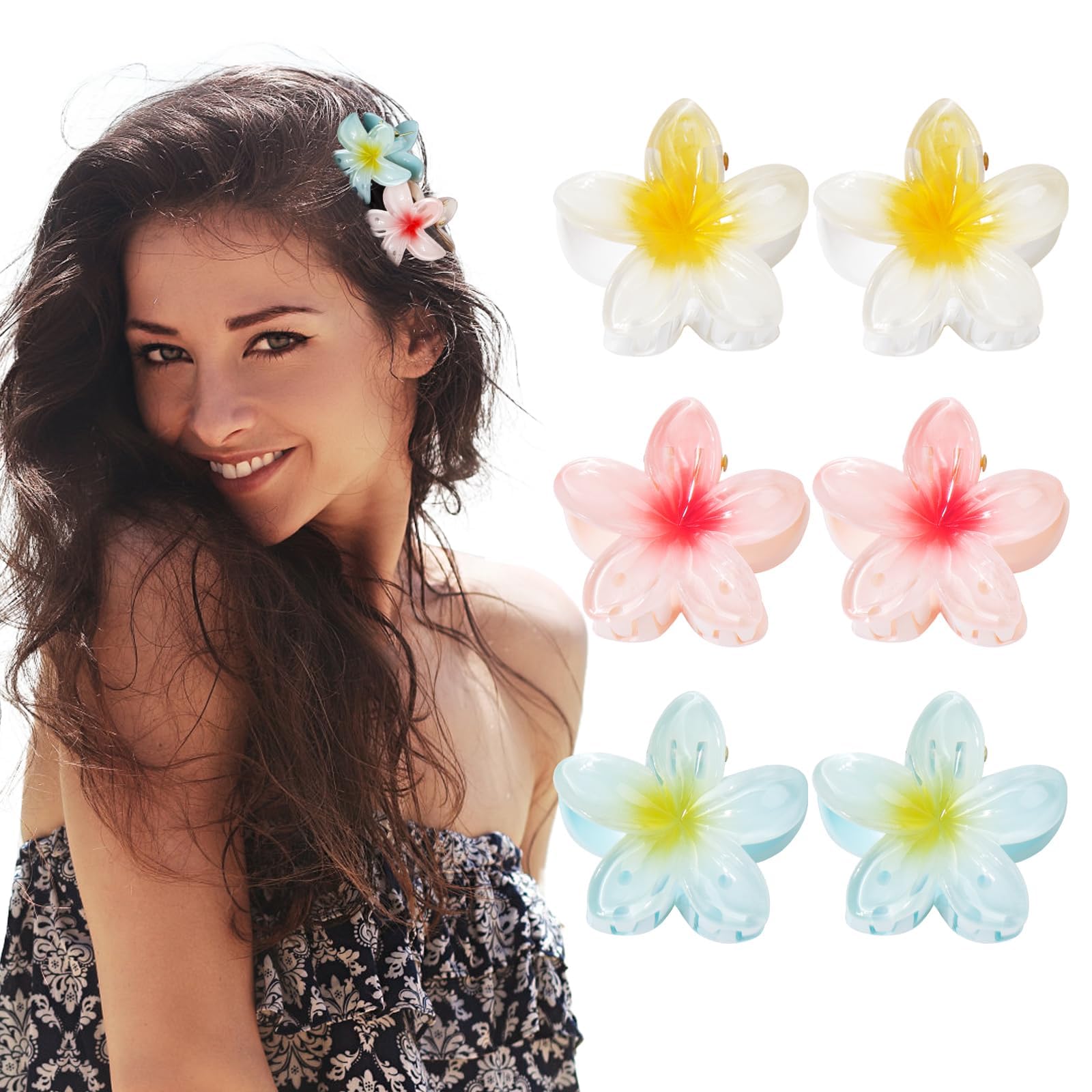 6Pcs Hawaiian Plumeria Flower Hair Claw Clips 4cm Small Summer Gradient Flower Acrylic Hair Jaw Clips for Medium Thin Hair Women and Girls Hawaii Hair Accessories
