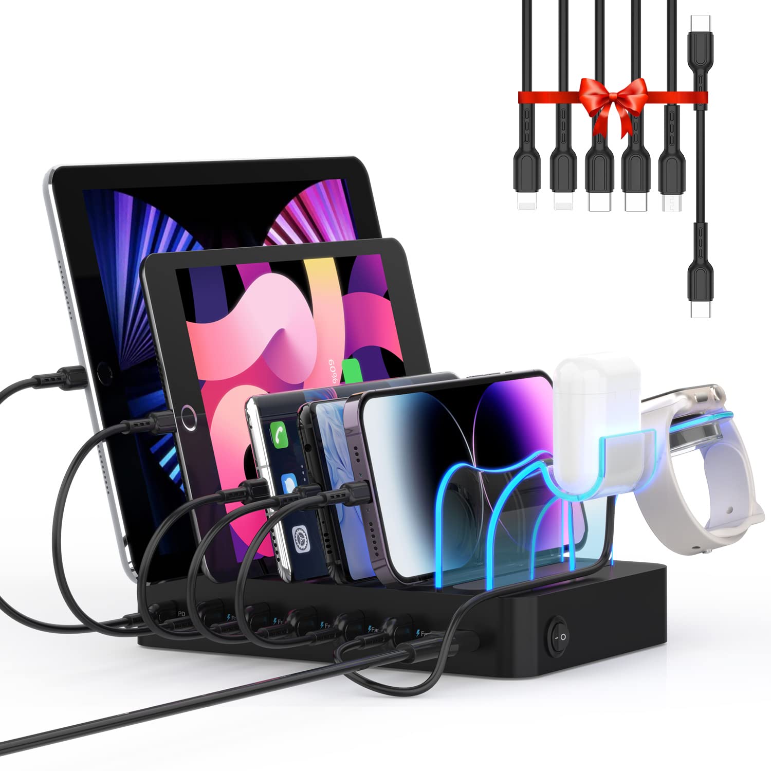 SooPii 6-Port USB Charging Station for Multiple Devices, PD 20W USB C Fast Charging for lPhone 14/13/12,6 Short Cables Included, 2 in 1 Holder,for Phones,Tablets and Others