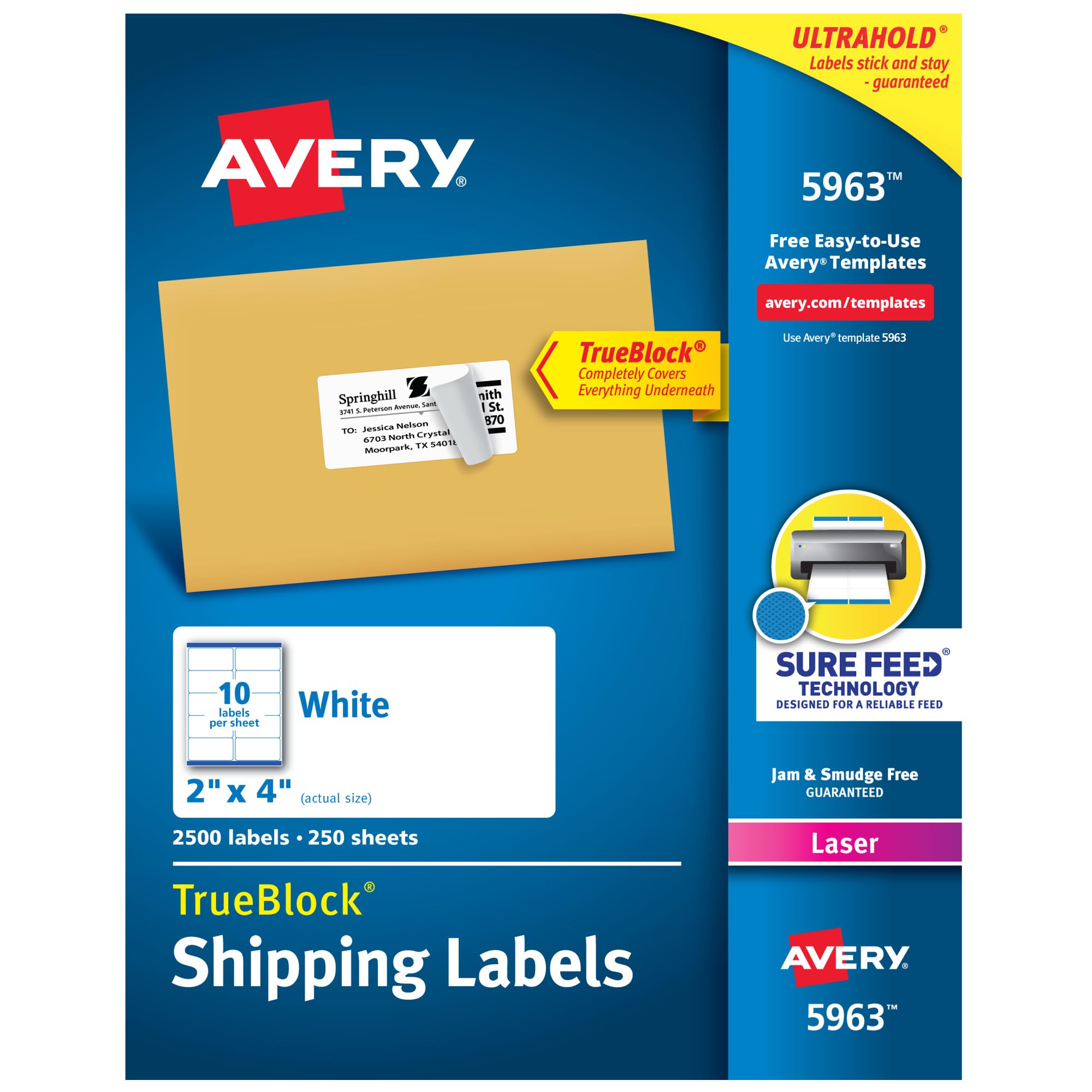 Avery Printable Shipping Labels with Sure Feed, 2" x 4", White, 2700 Blank Mailing Labels (5963)