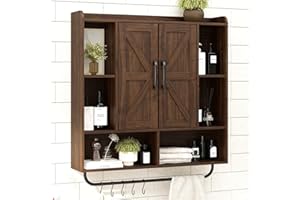 RUSTOWN Rustic Wood Wall Bathroom Cabinet, Farmhouse Medicine Cabinet Wall Mounted, Space Saving Wall Storage Cabinet with 2 Barn Door, 3-Tier Adjustable Shelves and Towel Bar(Dark Walnut)