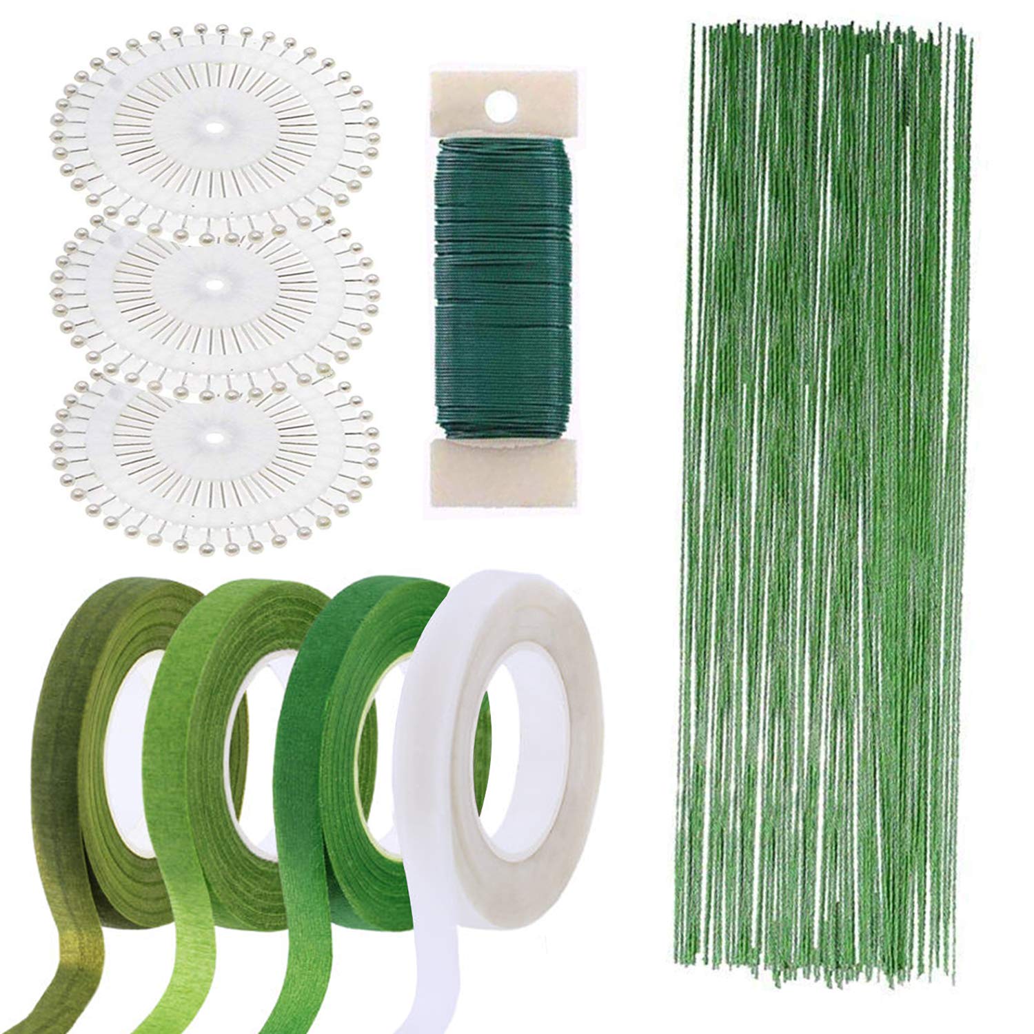 Woohome Floral Arrangement Tool Kit Floral Tape Stem Wrap 1/2 Inch, 26 Gauge Green Floral Stem Wire, 22 Gauge Green Paddle Wire and 100 PCS Ball Head Pins for Wedding Bouquet DIY