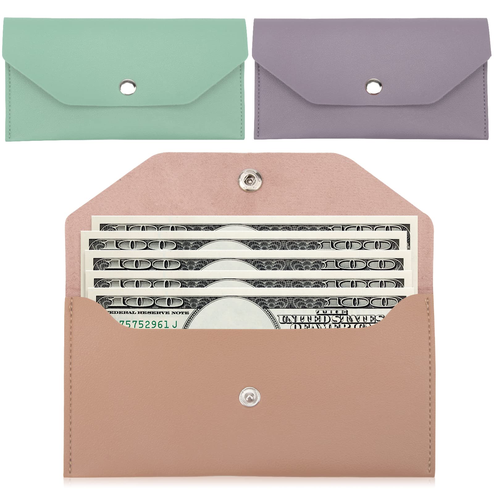 3Pcs Cash Envelope Wallet, Windspeed Pouch Stuffing Wallet PU Leather Money Envelopes for (Pink/Green/Purple) 17.5×9.5 cm