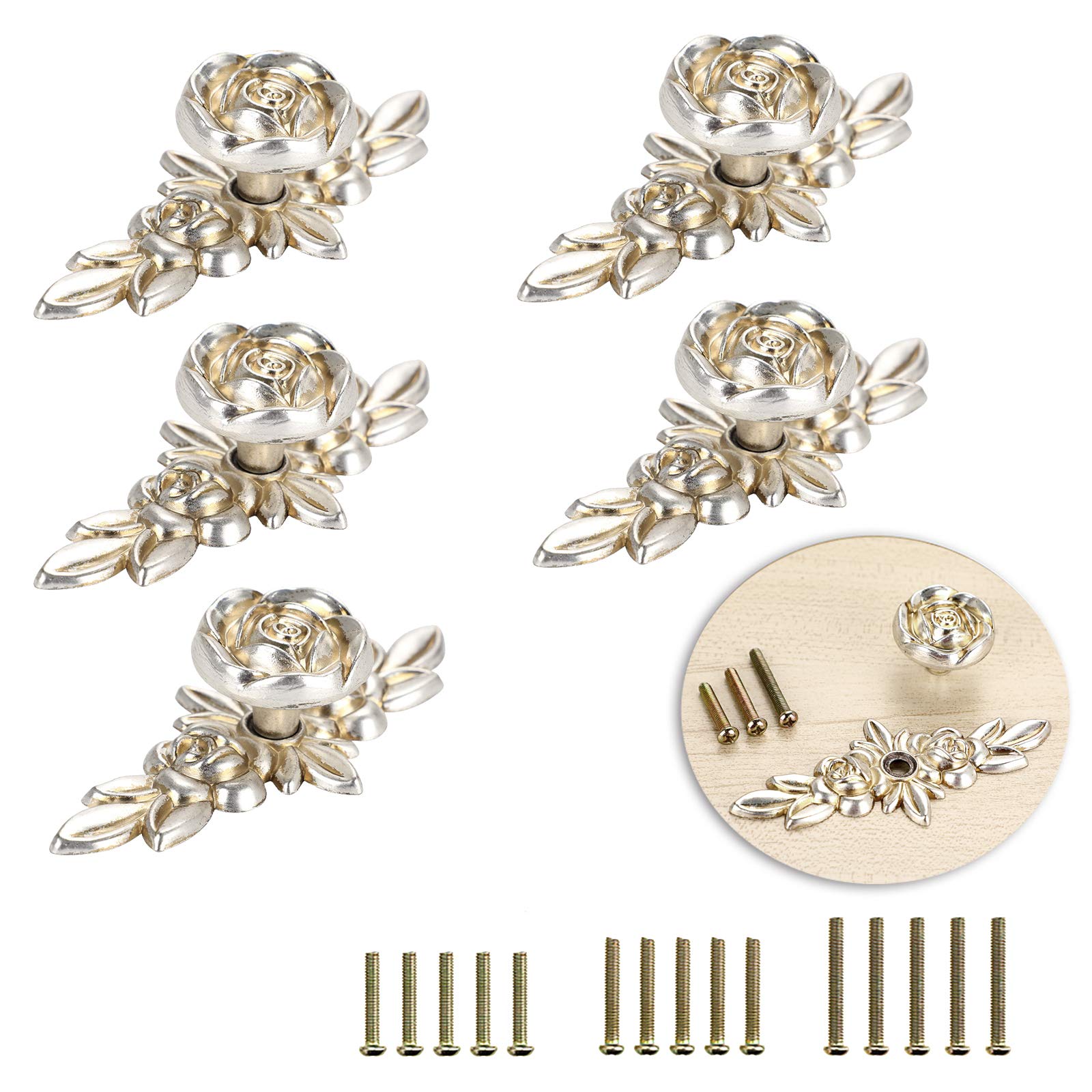 BSTKEY 5 Packs Rose Drawer Knobs Pull Handles for Cupboard Cabinet Wardrobe Chest with Plate, Decorative Furniture Knob for Home (100mm, Antique Silver)