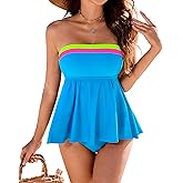 DaiLiWei Strapless Tankini Swimsuits for Women Two Piece Tummy Control Bathing Suit Bandeau Top Full Coverage Modest Swimwear