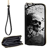 JHYYTUJTYP Zip Around Wallets for Women with Detachable Wrist Strap, Large Capacity RFID Blocking Leather Purse Organizer Card Holder Wristlet,Skull and Bats