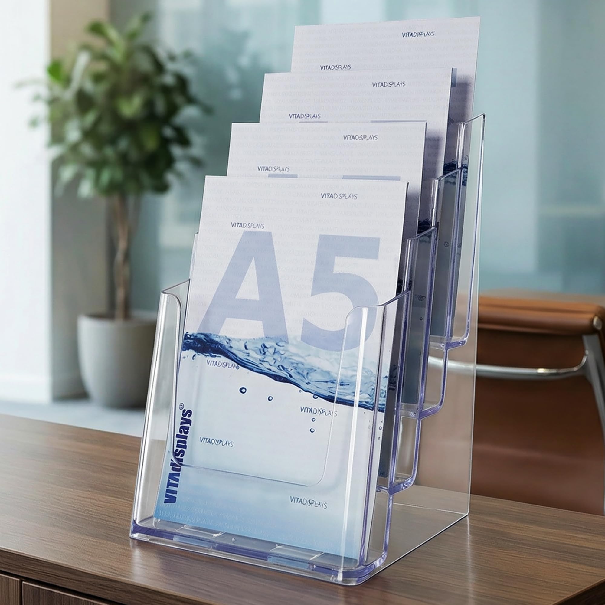 DIN A5 Table Brochure Stand with Four Levels, Flyer Stand, Transparent Flyer Holder and Brochure Holder, Leaflet Stand, Table Brochure Stand for A5 Flyers, Brochures, Optional Wall Mounting