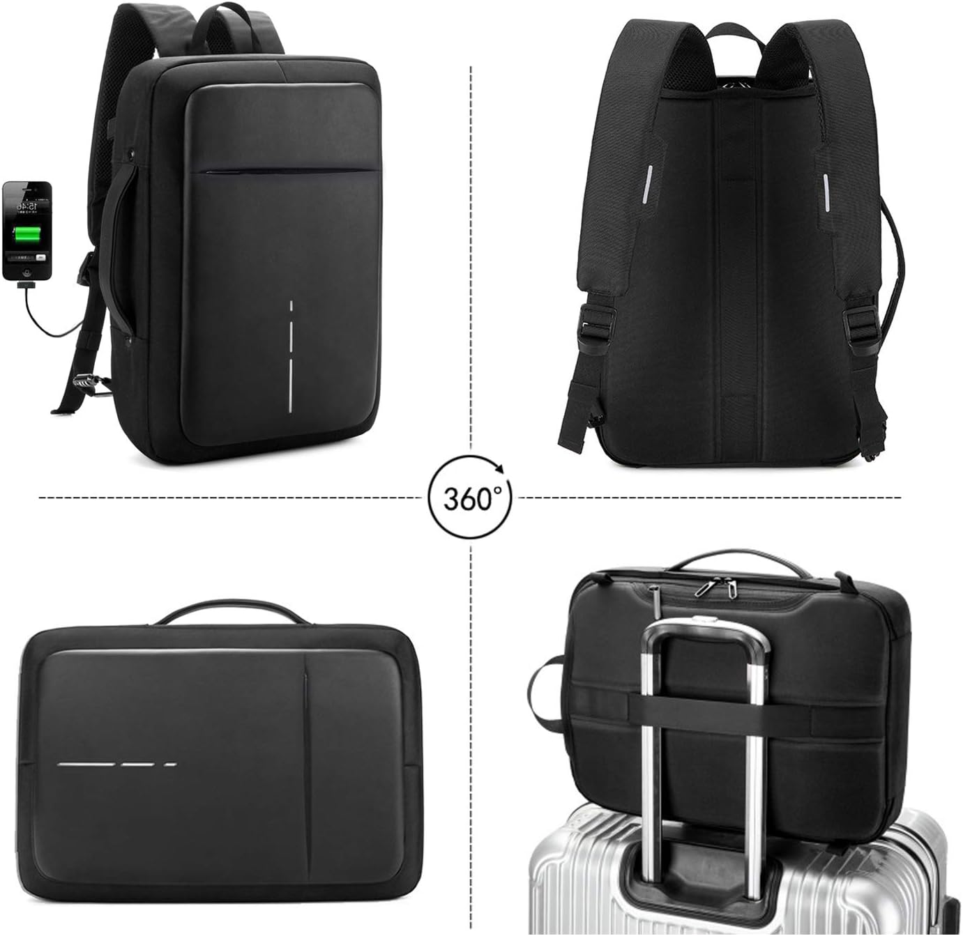 FANDARE 3 in 1 Men's Business Backpack with USB Charging Port Laptop Handbag Switch Travel Shoulder Bag Waterproof Polyester Black - Image 5