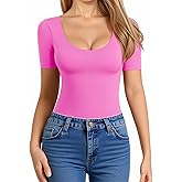 MANGOPOP Women's Scoop Neck Slim Fitted Short Sleeve Double Lined T Shirt Tight Basic Tops Y2K Tee