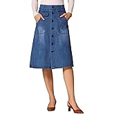 Allegra K Women's A-Line Midi Skirts Button Front High Waist Jean Denim Skirt