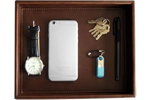 HofferRuffer Decorative Vanity Tray, Desktop Storage Organizer, Catchall Tray, Valet Tray, Nightstand or Dresser Organizer, PU Faux Leather Bathroom Tray, Brown, 10.2 x 8.4 x 1.8 inches