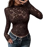 BTFBM Mesh Long Sleeve Tops for Women Lace Sexy Sheer Tight See Through Crew Neck Spring Fall 2026 Party Club Outfits
