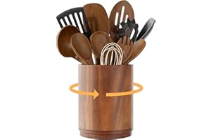 ZUJJAFY Utensil Holder, 360° Rotating Acacia Wood Kitchen Utensil Holder for Counter, 7.2" Large Cooking Utensil Crock for Co