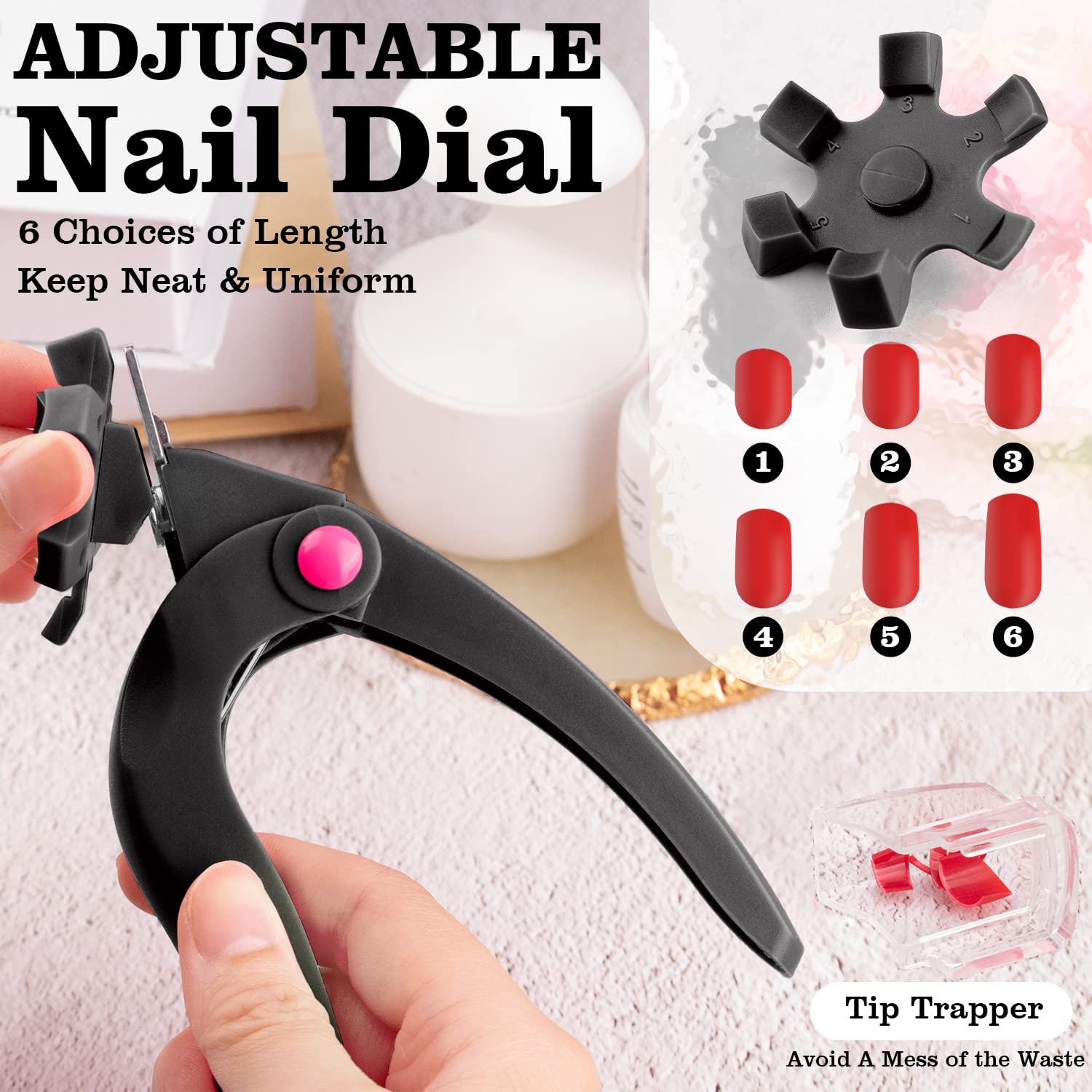 Belleboost Adjustable Acrylic Nail Clippers with Sizer, Catcher and Length Measurement, Black Professional Dial Stainless Steel Blade Nail Tips Cutter, Fake Nail Trimmer, Manicure Tool for Salon Home - Image 2