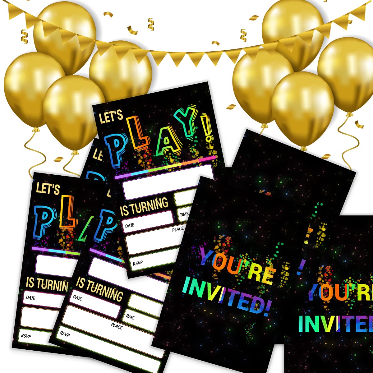 Glow Let's Play Birthday Party Invitations For Boys Girls, Neon Party Invites For Kids, Double Sided Design(20 Cards + Envelopes)
