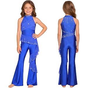 Alvivi Girls Sparkly Latin Dance Jumpsuit Rhinestone Sleeveless Figure Skating Leotard Bell Bottom Jazz Dance Bodysuit
