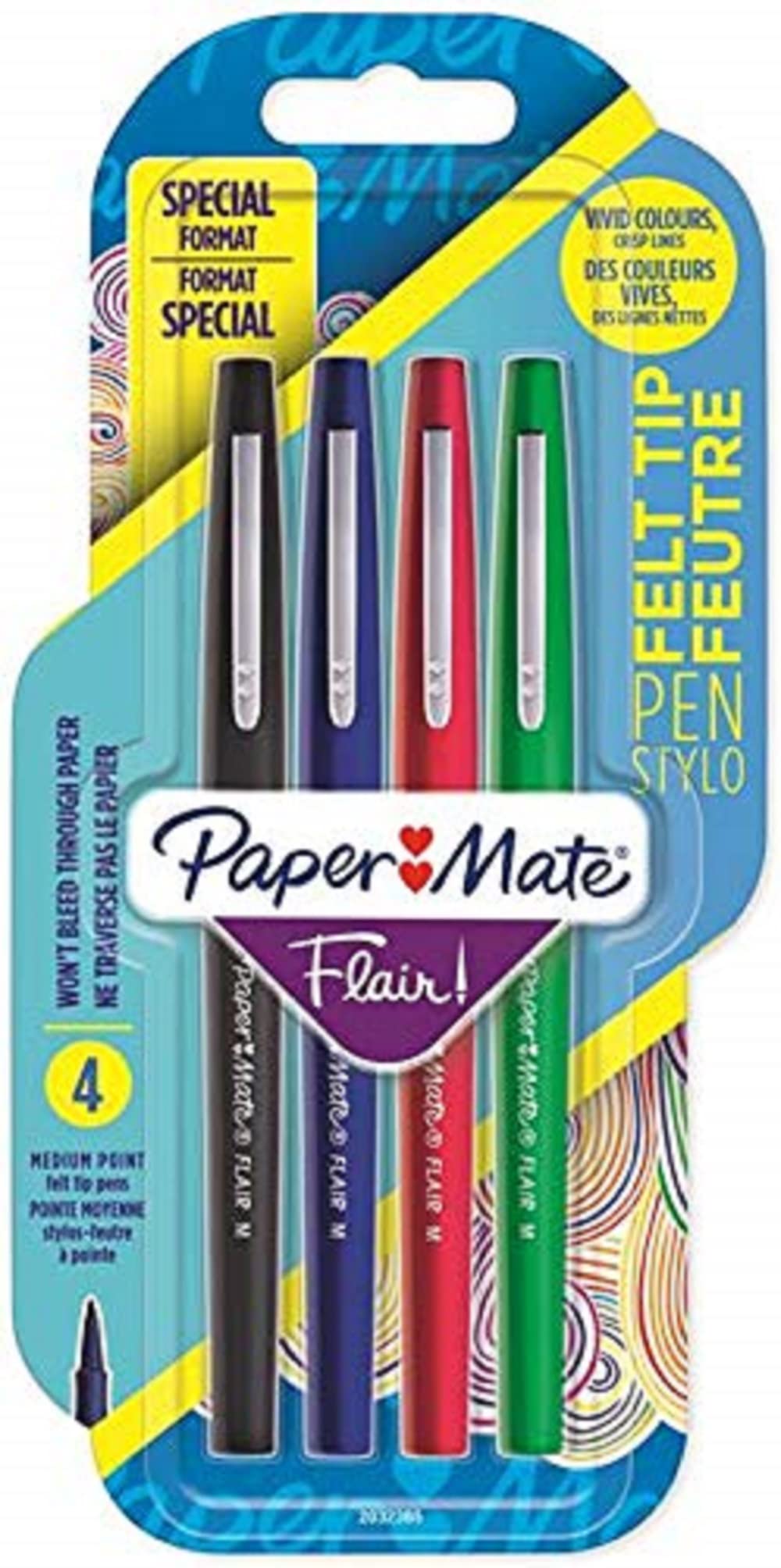 Paper Mate Flair Felt Tip Pens - Coloured. Pack of 4.
