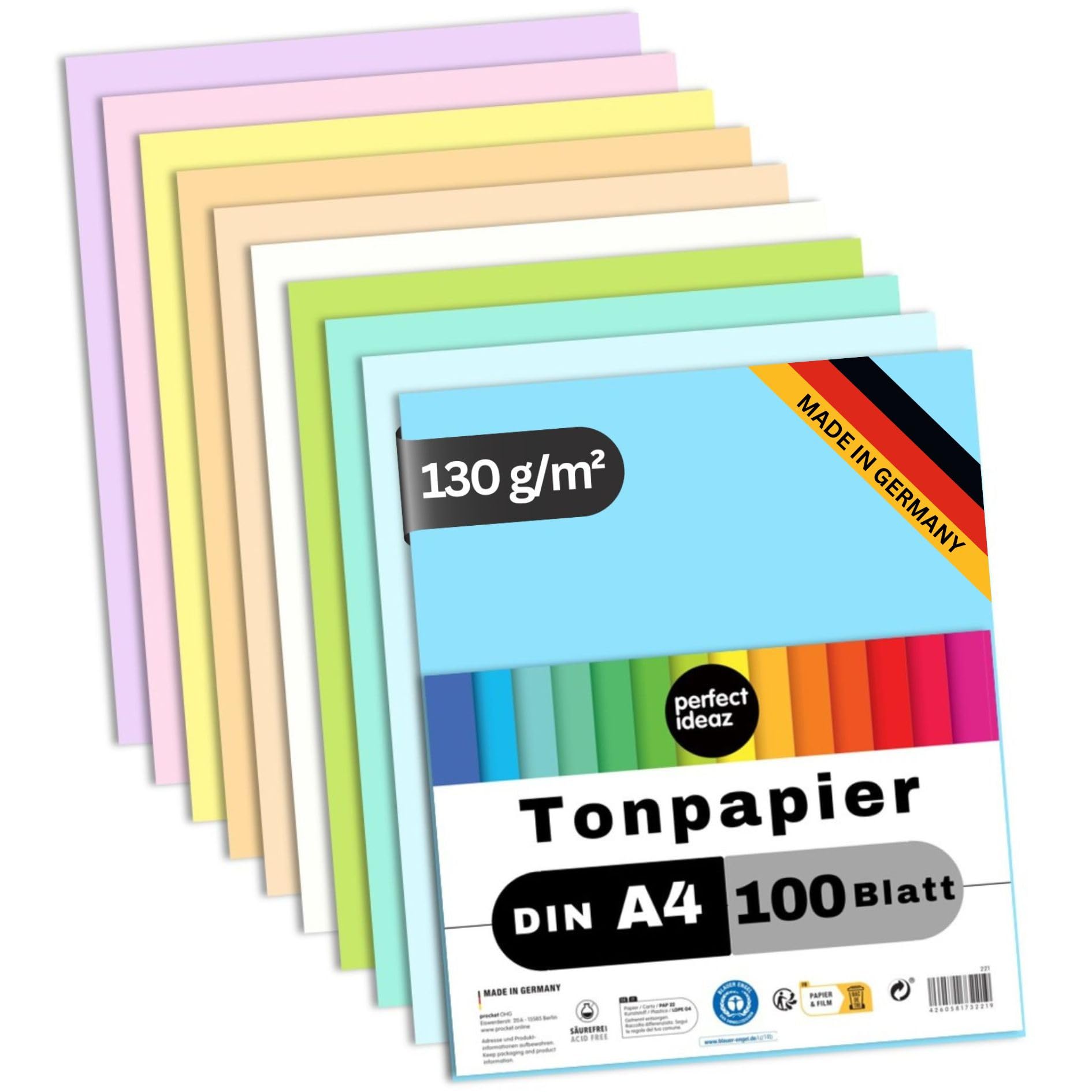 perfect ideaz 100 Sheets Pastel Tinted Drawing Paper, A4 Size (8.27 x 11.69 in), Tone Coloured Paper, in 10 Different Solid Colours, 130 g/m², Quality Sheets