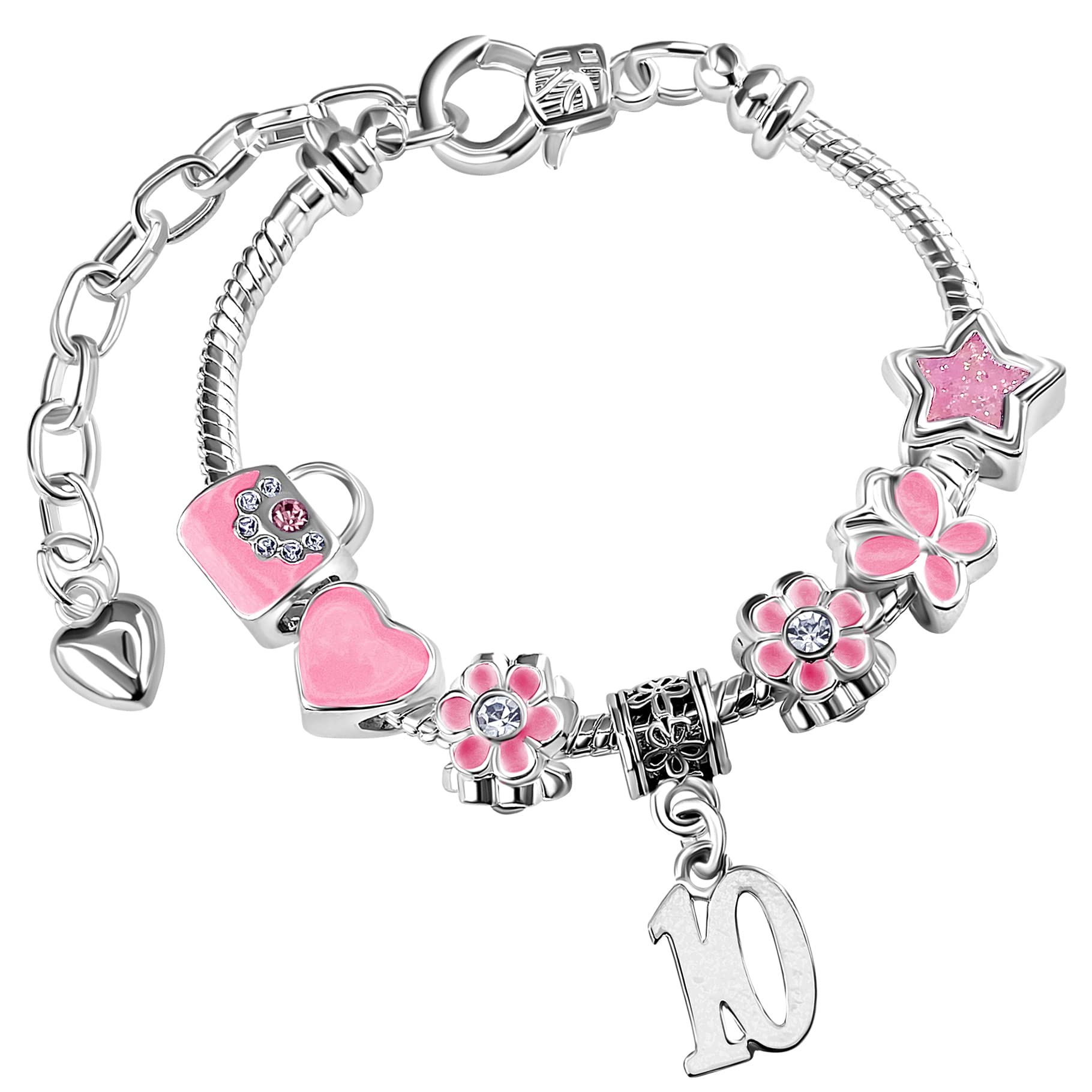 Girls 10th Birthday Sparkly Pink Handbags and Butterflies Silver Plated Adjustable Charm Bracelet with Gift Box 10th Birthday Gifts for Girls Age 10