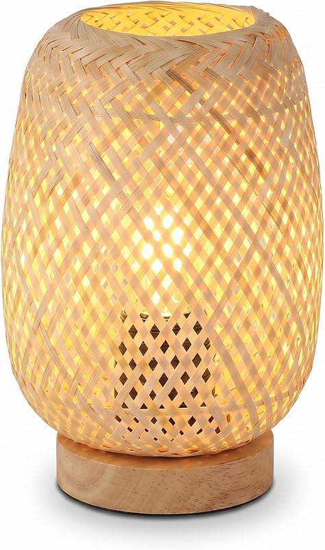 BARCELONA LED – Candeeiro de mesa em vime e madeira "Ruka" – Design feito à mão com abajur em treliça. Rústico, estilo Boho Natural. E27 – Candeeiro de mesa ideal para sala de estar, quarto.