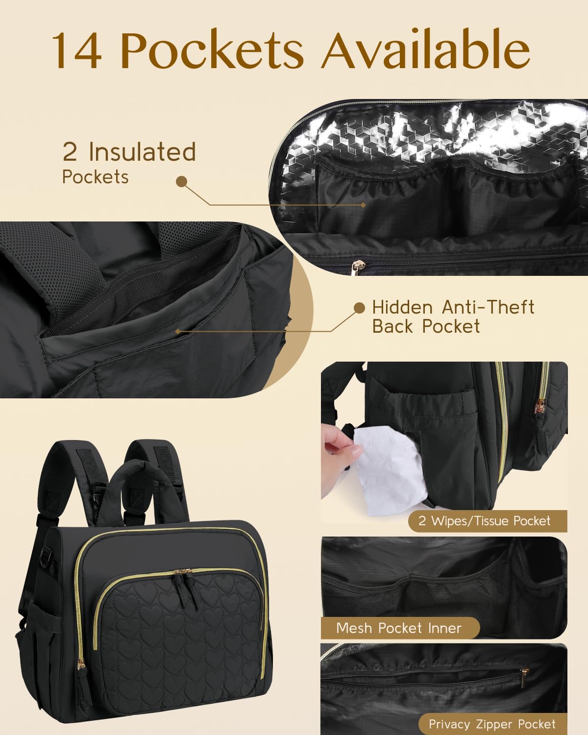 MHOMER Diaper Bag Backpack Puffer Lightweight 3 in 1 Wide Open Small Diaper Bag Tote for Travel with Changing Pad Shoulder Straps, Black