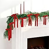 Suncalla 6 ft Christmas Cedar Garland with 12 Velvet Bows Faux Realistic Green Cedar Garland Winter Pine Decoration for Mantle Fireplace Staircase Wall Table Indoor Outdoor